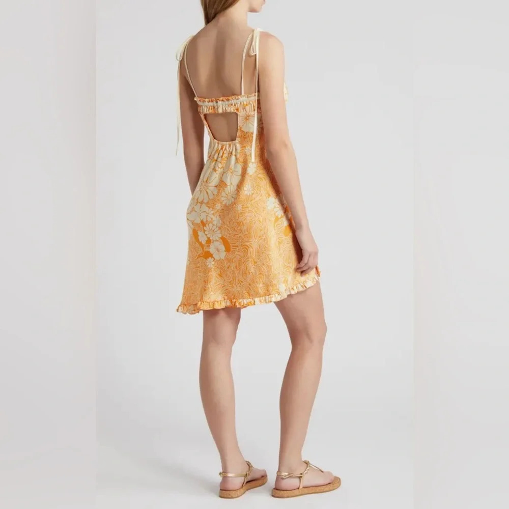 Free People Retro Daisy Asymmetrical Slipdress Orange Gold Floral Sz M - Picture 2 of 13
